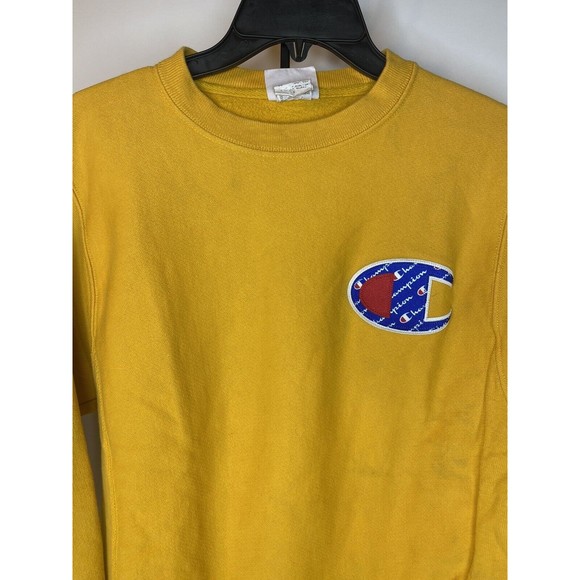 Champion Reverse Weave Sweatshirt Crew Mens S Yellow Gold Embroidered Blue Logo - Picture 16 of 16